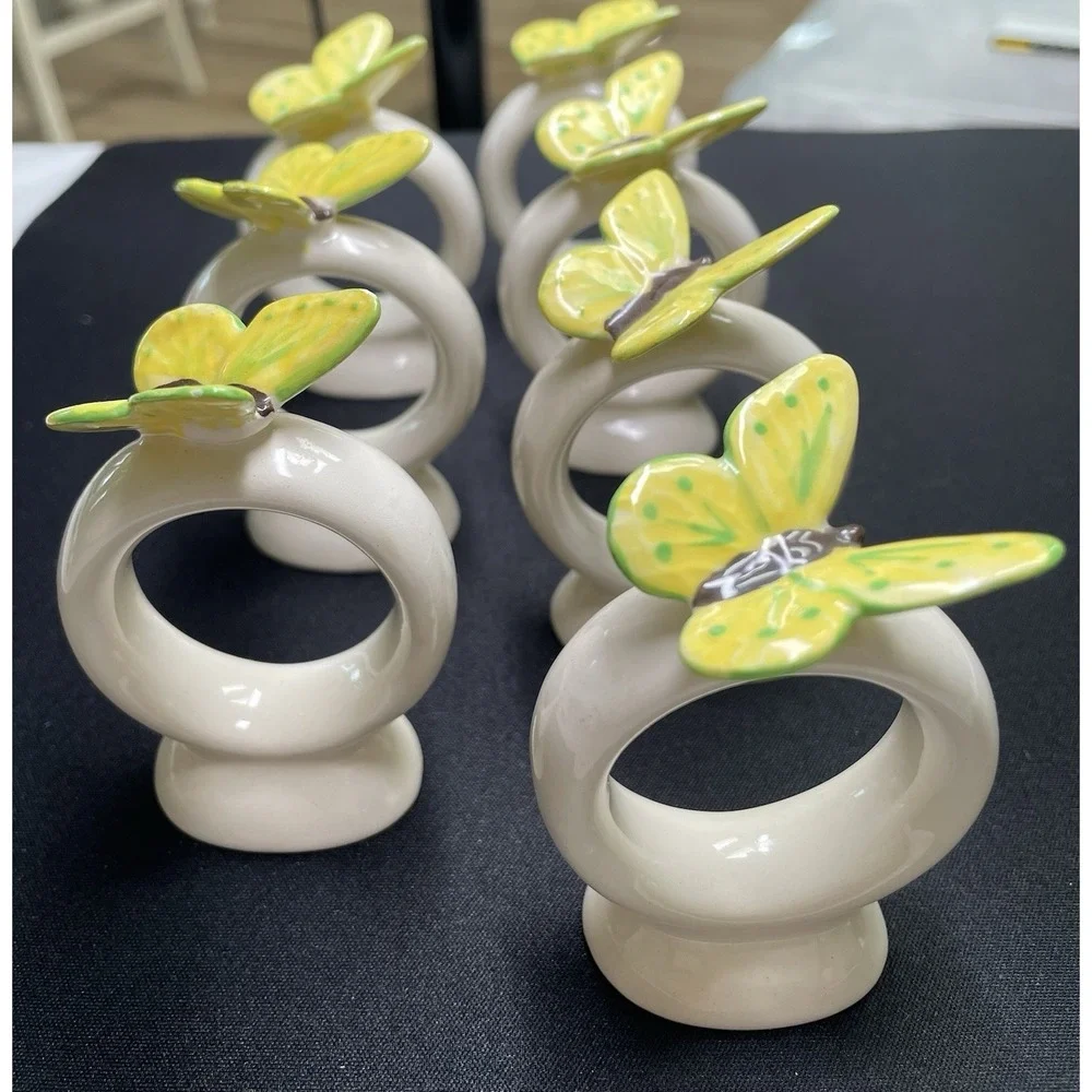 Vintage 1977 Porcelain Yellow & Green Butterfly Napkin Rings Holders Set of 7